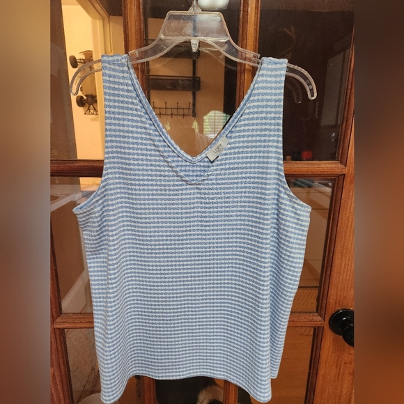 LOFT Blue and White Ribbed Tank Top - Picture 1 of 3